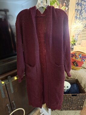 Long Open-Front Knit Cardigan - Maroon